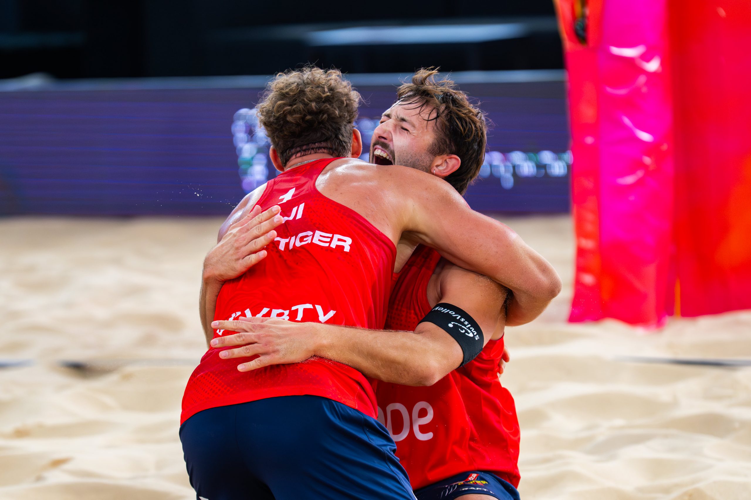 Swiss players Marco Krattiger and Leo Dillier celebrate after upsetting Boermans and De Groot at Adelaide World Championships